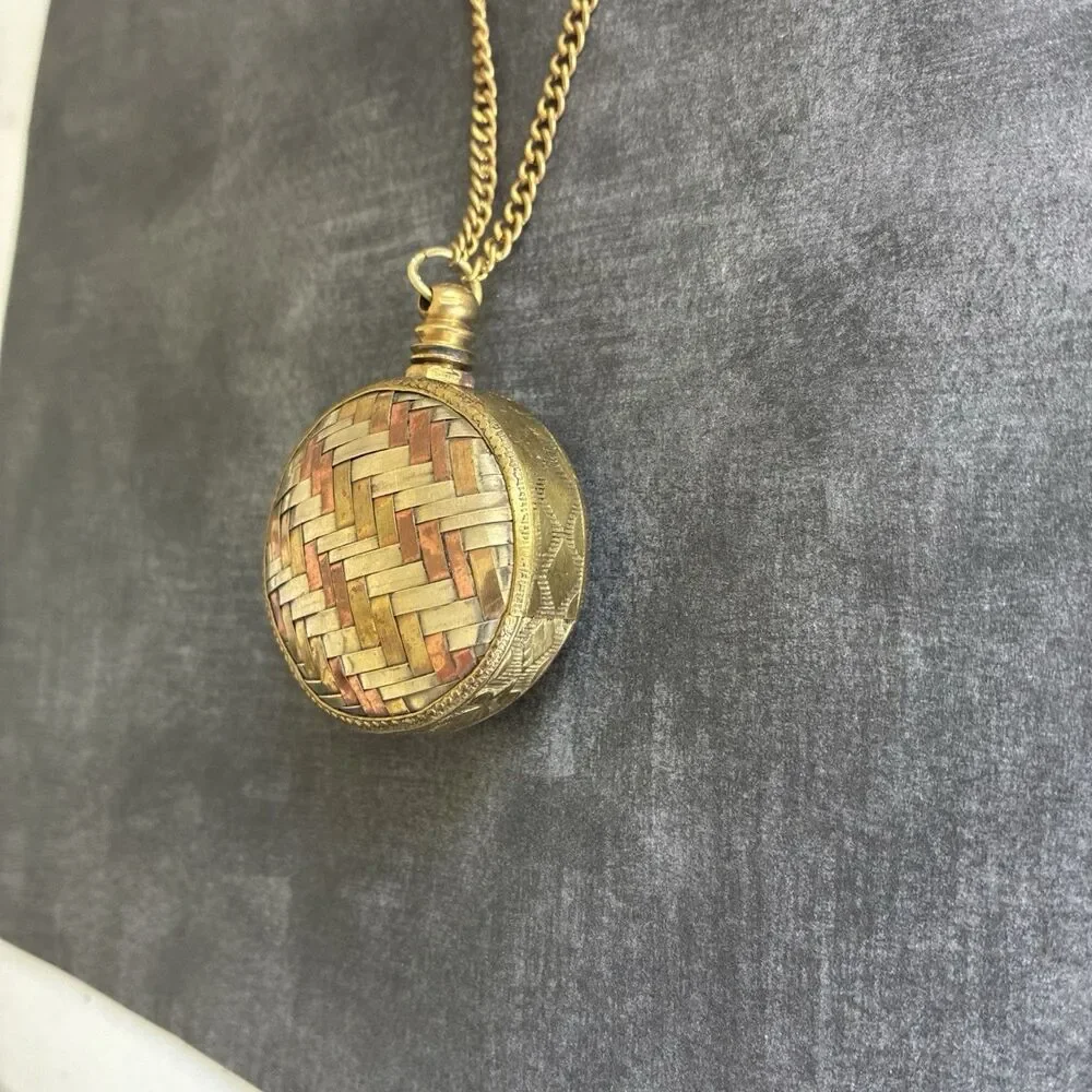 Vintage Perfume Bottle Necklace Pendant Chatelaine Woven Mixed Metal Flask 1.6oz